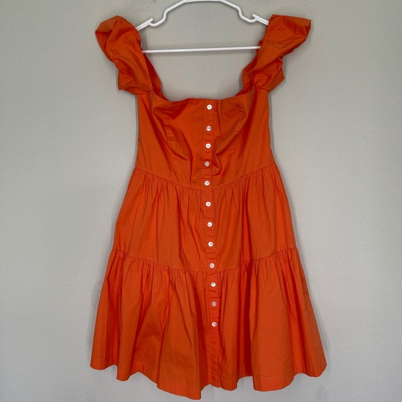 Staud Elio Off the Shoulder Mini Dress Women's Size 8 Orange Button Front Lined - Picture 1 of 16